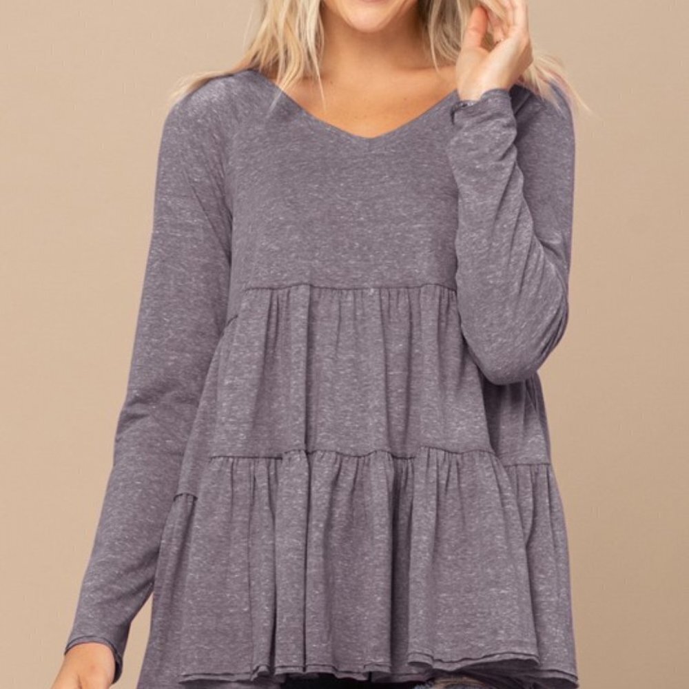 Charcoal Grey Babydoll Tiered Long Sleeve Top